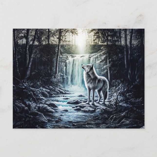 Postal Wolf Howling at Moon by Waterfall (Anverso)