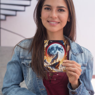 Postal Wolf Howling en la Luna de Crimson