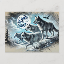 Postal Wolf Pack Running in Moonlight