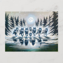 Postal Wolf Pack Running Through a Winter Lake