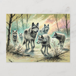 Postal Wolf Pack Running Through Forest