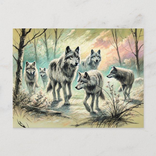 Postal Wolf Pack Running Through Forest (Anverso)