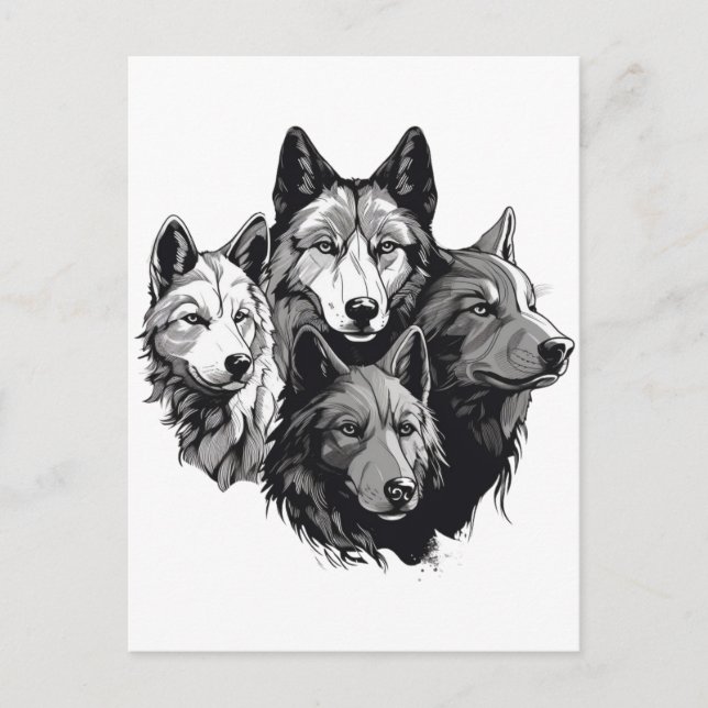 Postal Wolf Pack Tribal Lobos blancos y negros (Anverso)