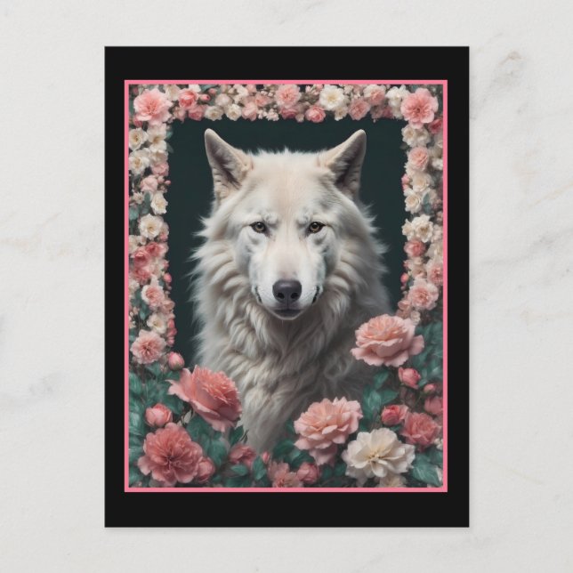 Postal Wolf portrait with flowers (Anverso)