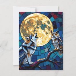 Postal Wolf y Owl Mosaic Art | Diciendo hola