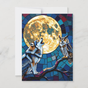 Postal Wolf y Owl Mosaic Art   Diciendo hola