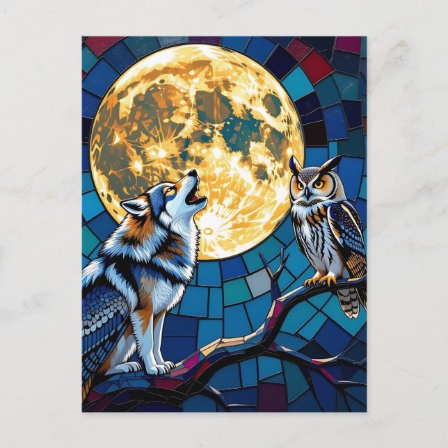 Postal Wolf y Owl Mosaic Art | Diciendo hola (Anverso)