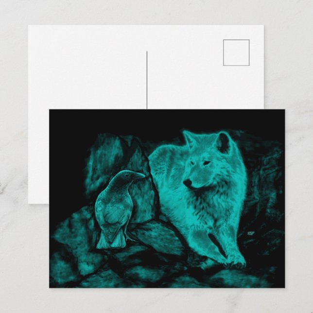 Postal Wolf y Raven en la noche (Anverso / Reverso)