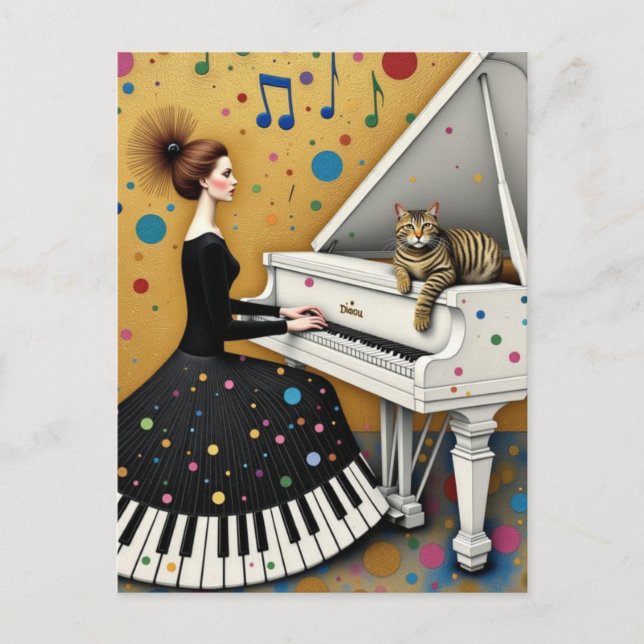Postal Woman and Cat at Piano Surreal (Anverso)