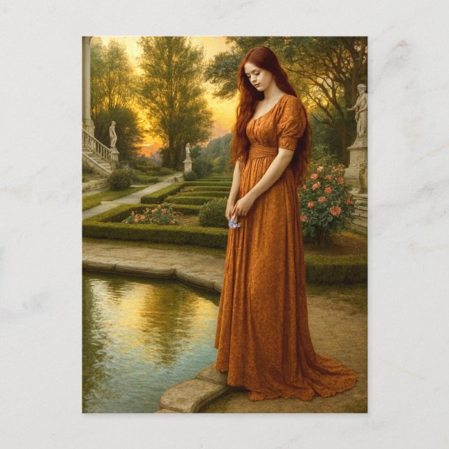 Postal Woman By Garden Pond At Sunset (Anverso)
