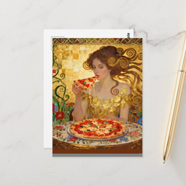 Postal Woman Eating Pizza Faux Klimt Art (Anverso/Reverso In Situ)