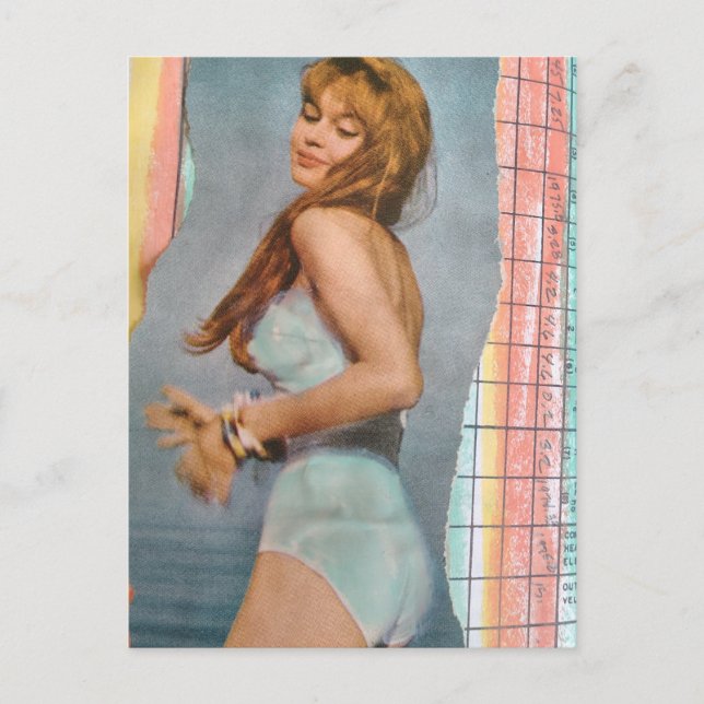 Postal Woman in 1957 on the beach mixed media collage (Anverso)