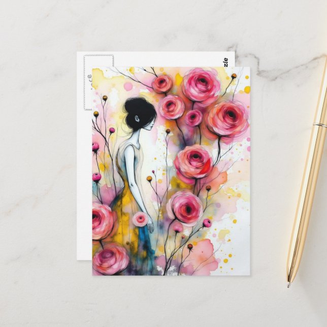 Postal Woman In the Secrect Garden Pink Flowers (Anverso/Reverso In Situ)