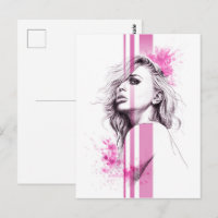 Woman ink portrait Pink Fashion illustration art
