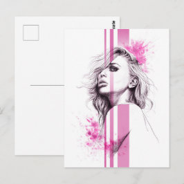 Postal Woman ink portrait Pink Fashion illustration art