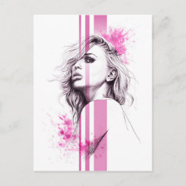 Postal Woman ink portrait Pink Fashion illustration art