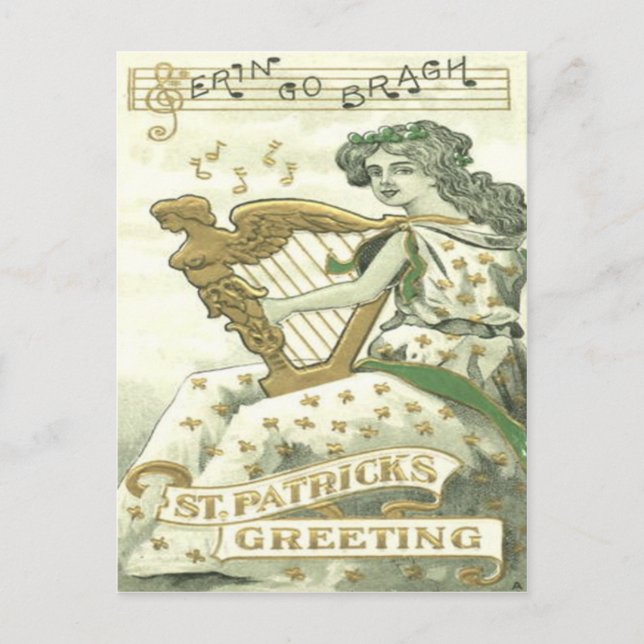 Postal Woman Shamrock Harp of Erin Music Notes (Anverso)