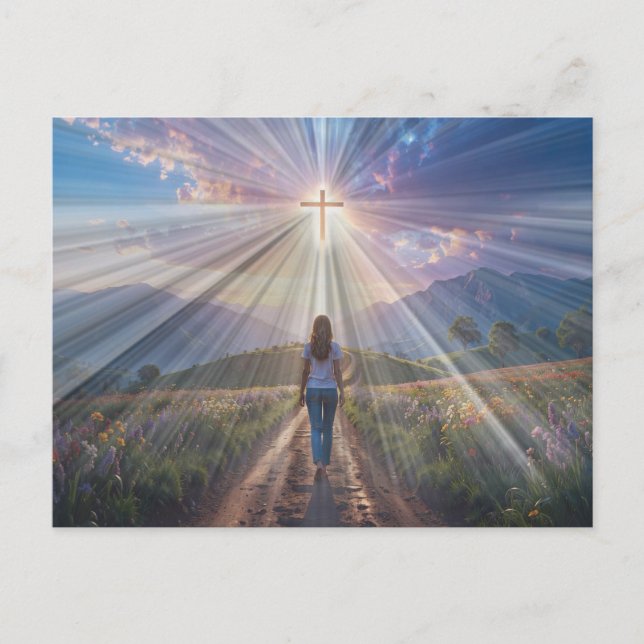 Postal Woman Walking Toward Glowing Cross – Faith Journey (Anverso)