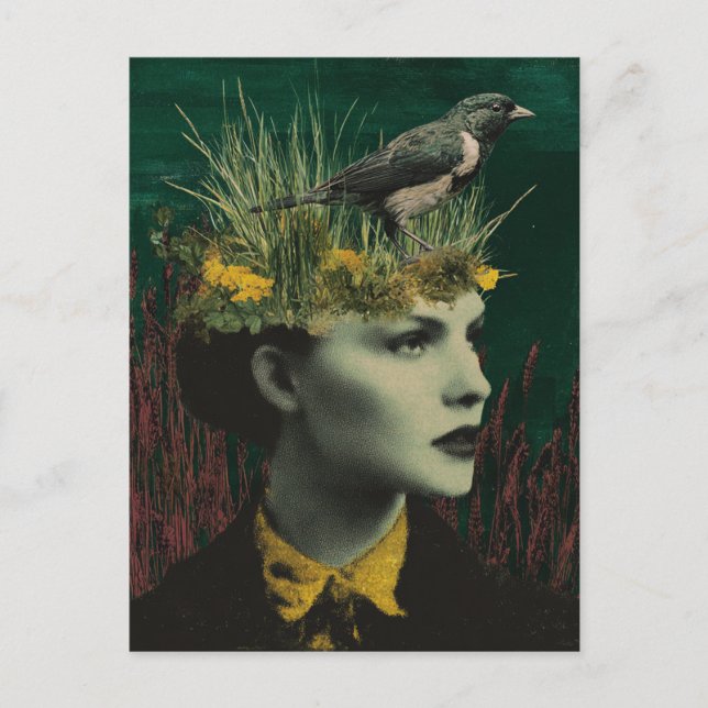 Postal Woman With Bird on Her Head Mixed Media Collage (Anverso)