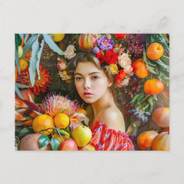 Postal Woman with mixed fruits and floral decor