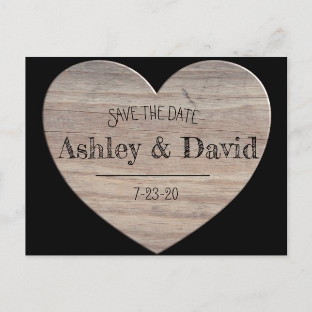 Postal Wood Heart Save The Date Postcard (Anverso)
