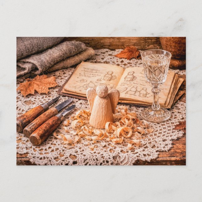 Postal Woodcarving Angel in Progress with Tools and Shavi (Anverso)