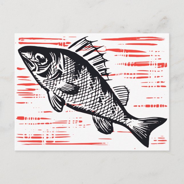 Postal Woodcut de pescado de vintage (Anverso)
