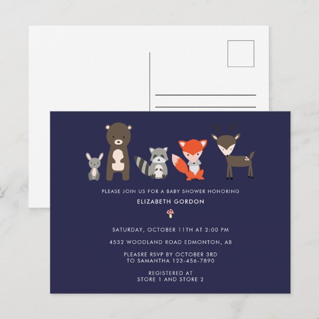 Postal Woodland Animals Baby Shower Forest Cute (Anverso / Reverso)