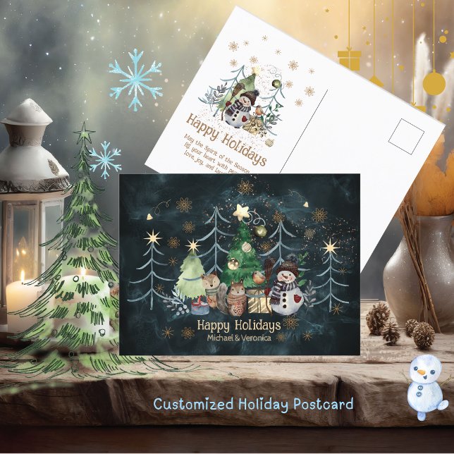 Postal Woodland Animals Navidades de Snowman azul Verde a (Woodland Animals Snowman Christmas Teal blue Postcard)