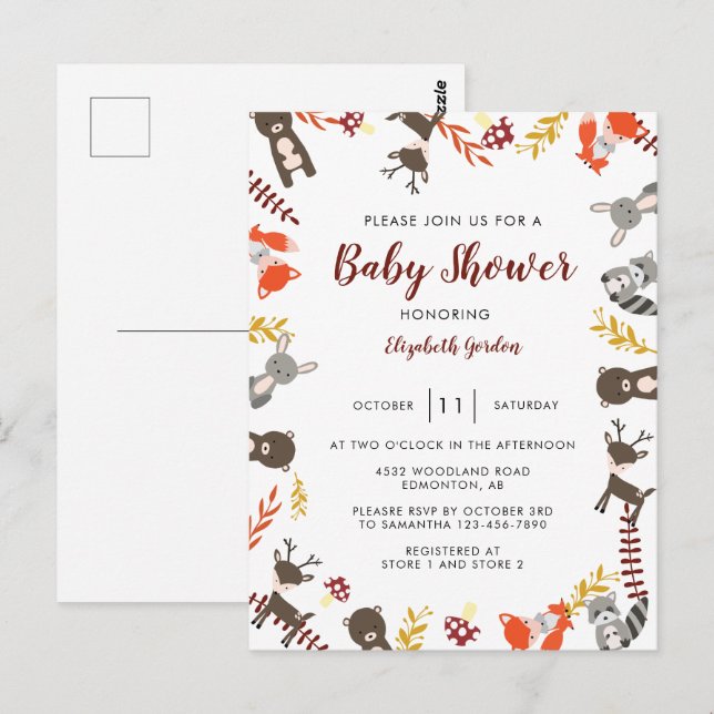 Postal Woodland Baby Shower Cute animales forestales neut (Anverso / Reverso)