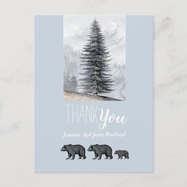 Postal Woodland Bears Baby Shower Gracias Gris Azul (Anverso)