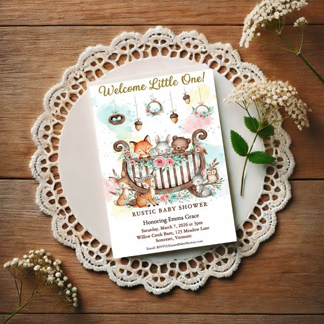 Postal Woodland Crib Welcome Little One Baby Shower (Subido por el creador)