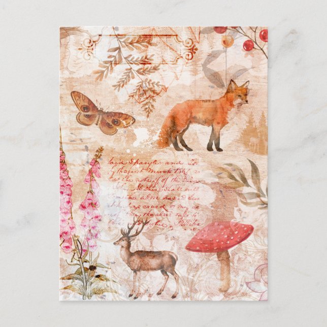 Postal Woodland Forest Wildlife Fox Deer Butterfly Otoño (Anverso)
