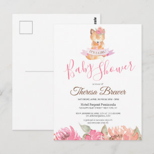 Postal Woodland Fox Pink Watercolor Floral Baby Shower