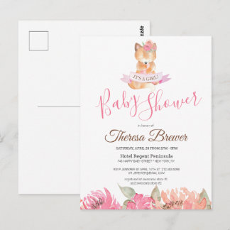 Postal Woodland Fox Pink Watercolor Floral Baby Shower