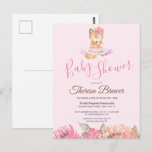 Postal Woodland Fox Pink Watercolor Floral Baby Shower