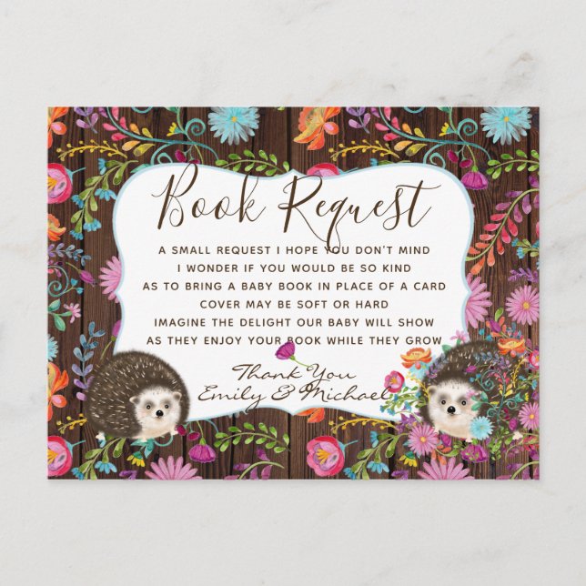 Postal Woodland Hedgehog BOOK Request Poem 4 Baby Shower (Anverso)