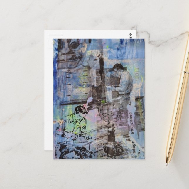 Postal Woodworking Retro Men on a Blue Background (Anverso/Reverso In Situ)