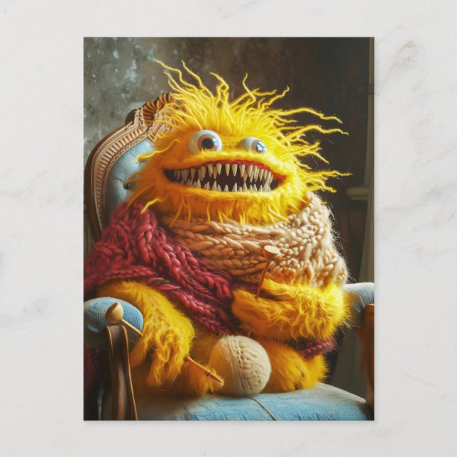 Postal Wool monster crocheting in a chair. Funny (Anverso)