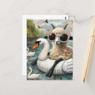 Postal Wooly Sheep disfruta flotando en un lago con cisne