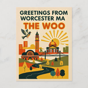 Postal Worcester MA “The Woo” Viaje Retro