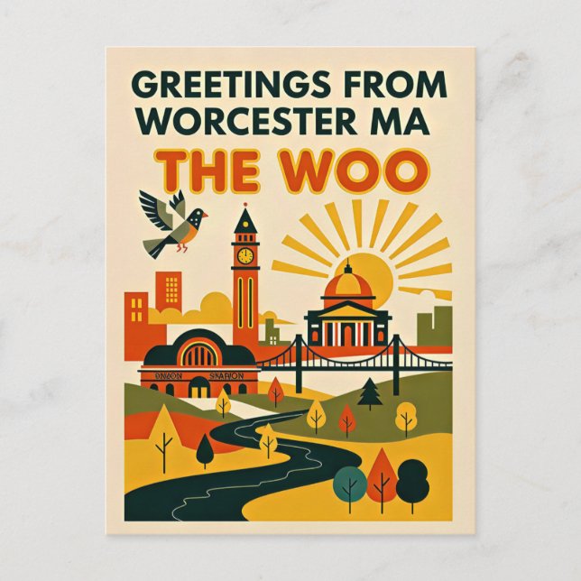 Postal Worcester MA “The Woo” Viaje Retro (Anverso)