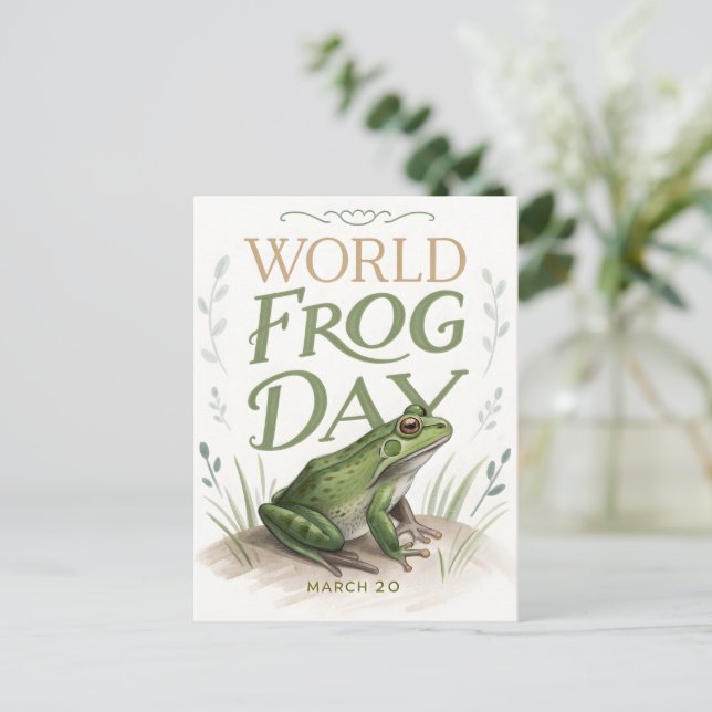 Postal World Frog Day Watercolor Nature Art (Anverso de pie)