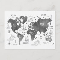 World Map Art Black White Nautical