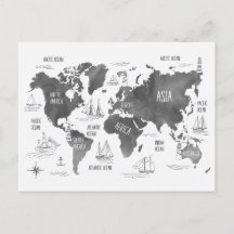 World Map Art Black White Nautical