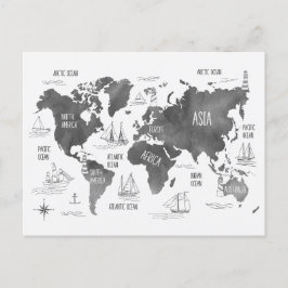Postal World Map Art Black White Nautical