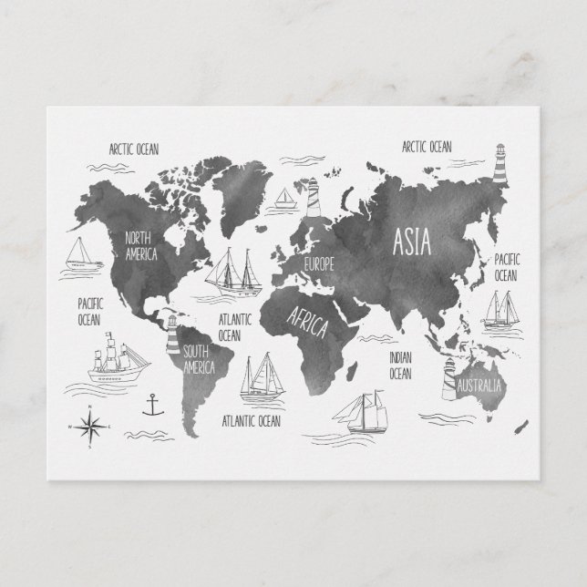 Postal World Map Art Black White Nautical (Anverso)