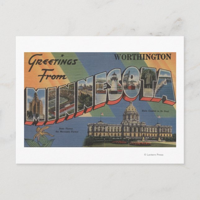 Postal Worthington, Minnesota - Escenas de letras grandes (Anverso)