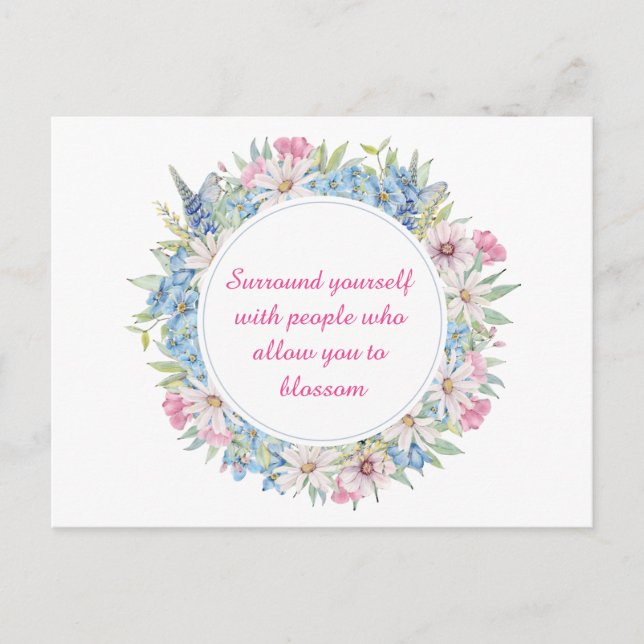 Postal Wreath floral azul blanco rosado (Anverso)