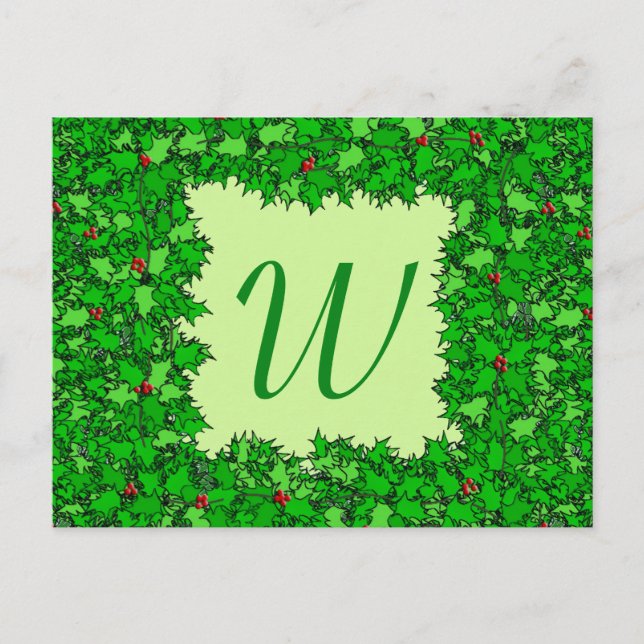Postal Wreath holly con monograma, verde oscuro (Anverso)